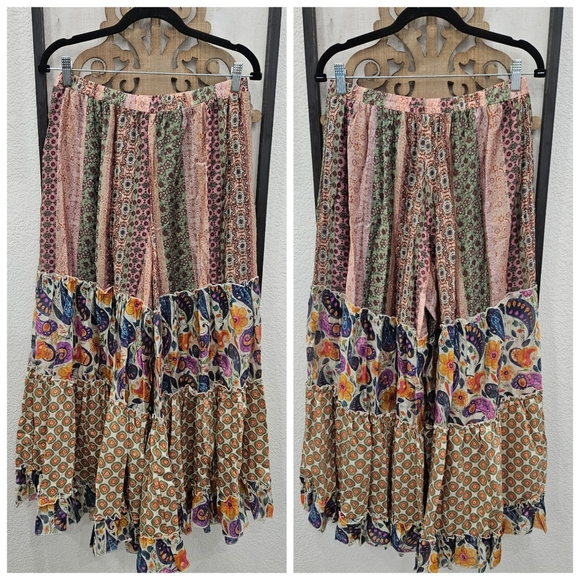 POL Boho Wide-Leg Palazzo Patchwork Pants - Beige, Green & Multicolor - Picture 2 of 7